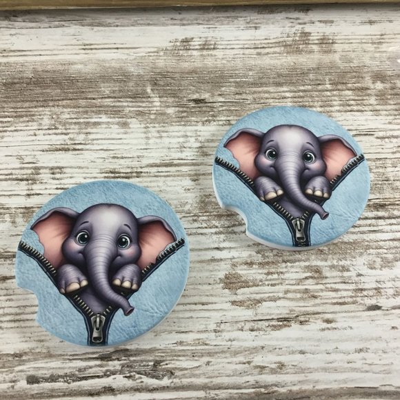 Elephant Peek-a-Boo Zipper Car Coasters Set of 2 - Picture 5 of 6